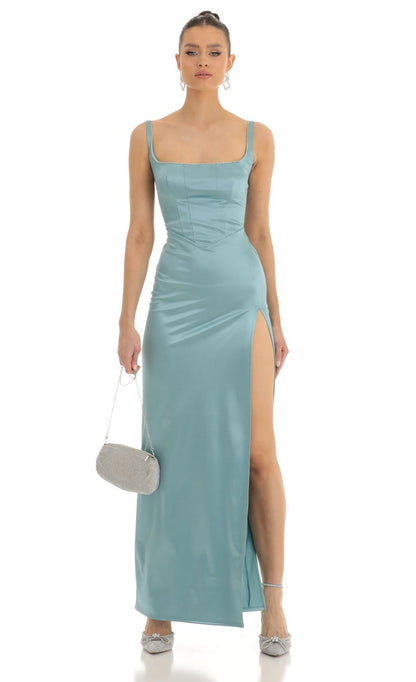 Lucy in the Sky Satin Rhinestone Maxi Dress in Teal