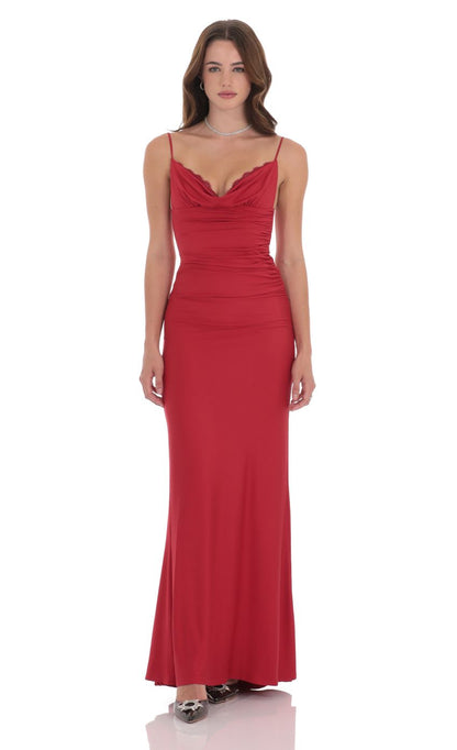 Lucy in the Sky Cowl Neck Mermaid Maxi Dress in Red