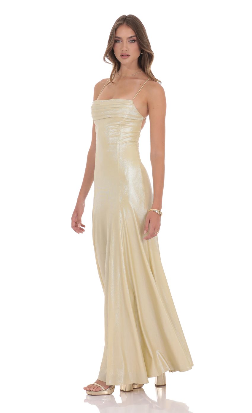 Lucy In The Sky Shimmer Draped Open Back Maxi Dress in Gold