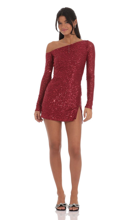 Lucy In The Sky Sequin One Off Shoulder Bodycon Dress in Red