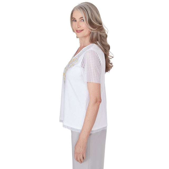 Alfred Dunner Women's Embroidered Top with Lace Sleeves