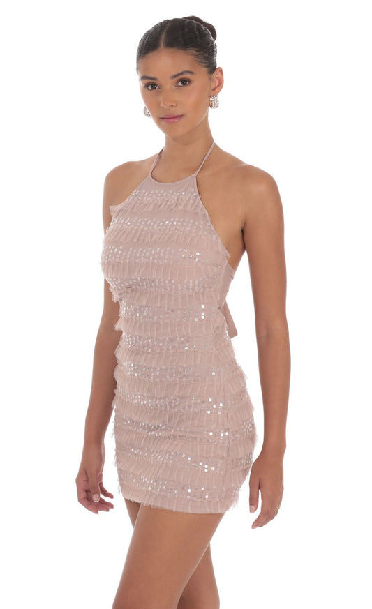 Lucy In The Sky Sequin Ruffle Halter Bodycon Dress in Mauve