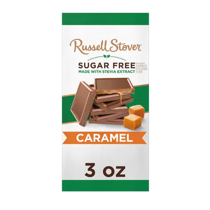 Russell Stover Chocolates Sugar Free Chocolate Candy Caramel Tile Candy Bar 3oz. case of 12
