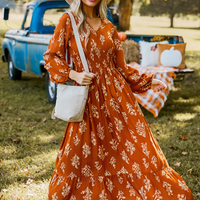 Cupshe Burnt Orange Floral Blouson Sleeve Smocked Waist Maxi Dress