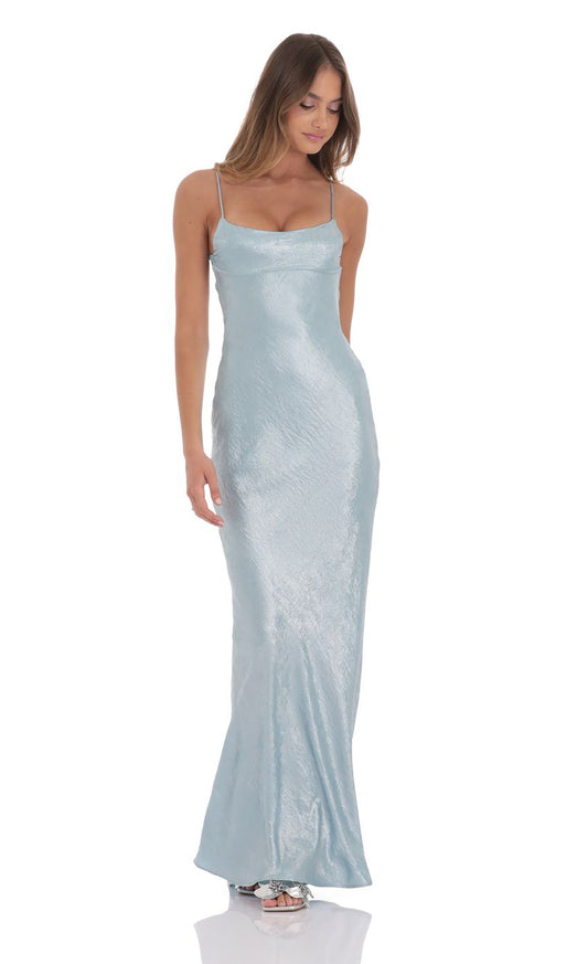 Lucy in the Sky Crinkle Satin Open Back Maxi Dress in Sky Blue