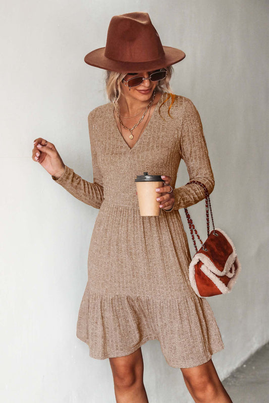 Cupshe Ribbed Flounce Coffee Dress(X2)