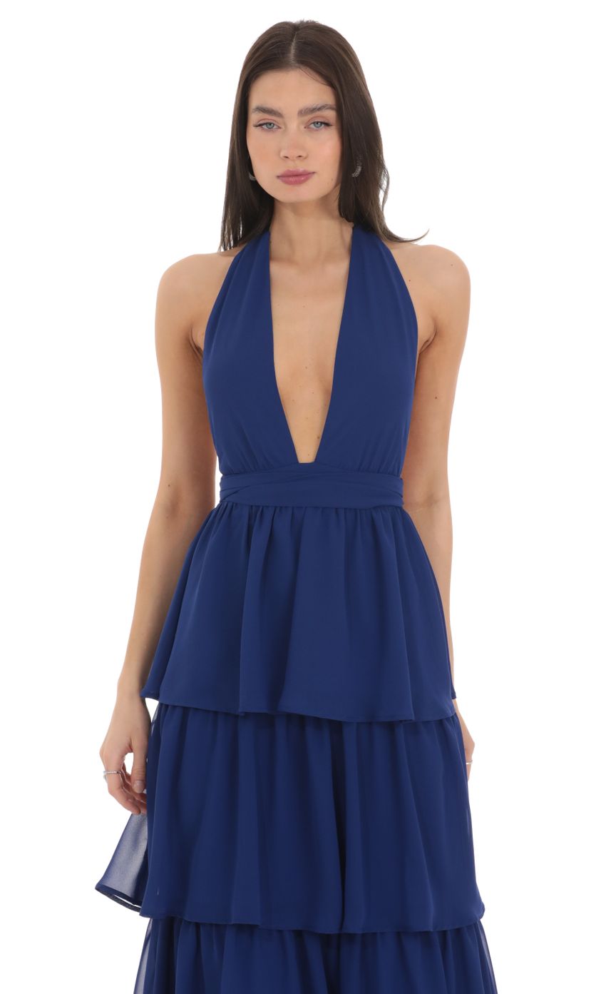 Lucy In The Sky Chiffon Plunge Ruffle Dress in Blue