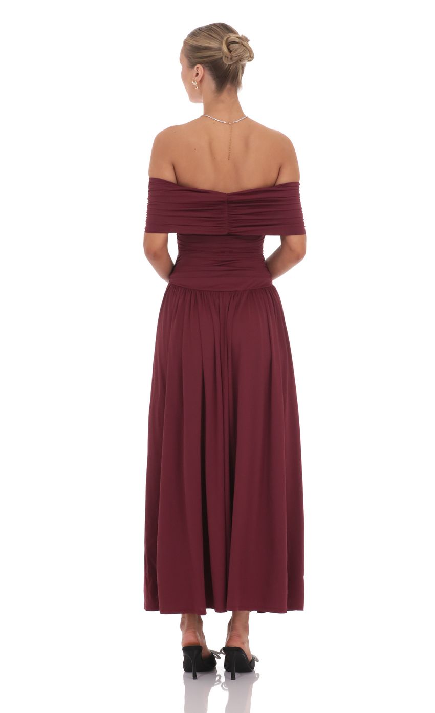 Lucy In The Sky Off Shoulder Drop Waist Maxi Dress in Burgundy