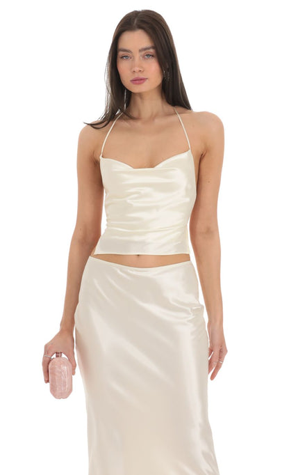 Lucy In The Sky Satin Slip Two Piece Set in Ivory