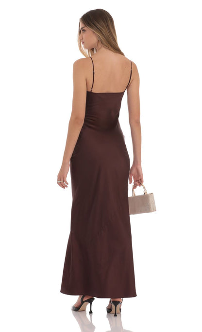 Lucy In The Sky Satin Cutout Ties Maxi Dress in Brown