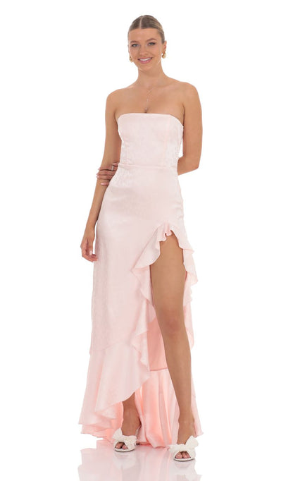 Lucy In The Sky Satin Jacquard Back Bow Corset Maxi Dress in Pink