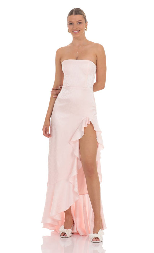 Lucy In The Sky Satin Jacquard Back Bow Corset Maxi Dress in Pink