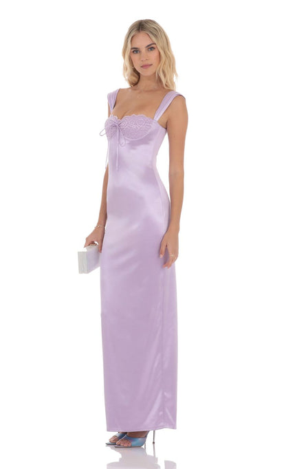 Lucy In The Sky Satin Lace Maxi Dress in Lavender