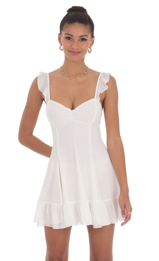 Lucy In The Sky Chiffon Ruffle Strap Dress in White