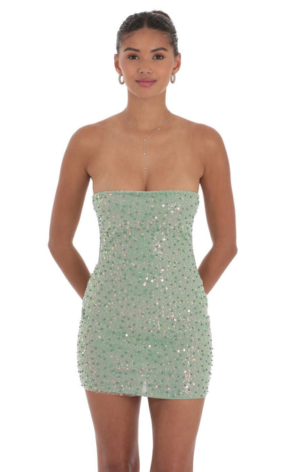 Lucy in the Sky Strapless Sequin Beaded Dress in Sage Green