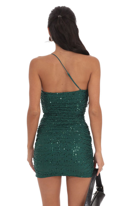 Lucy In The Sky Sequin Ruched One Shoulder Dress in Green