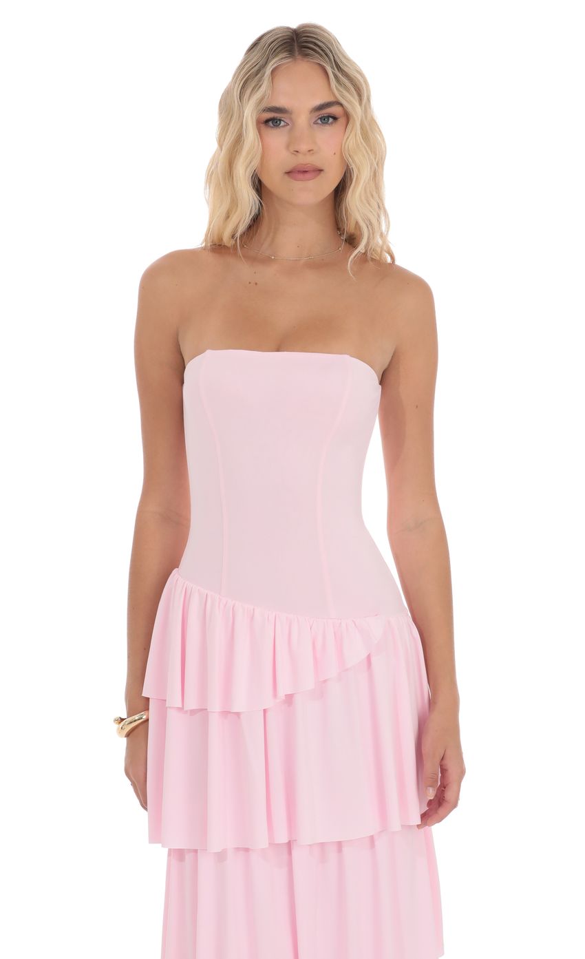 Lucy In The Sky Strapless Asymmetrical Ruffle Maxi Dress in Pink