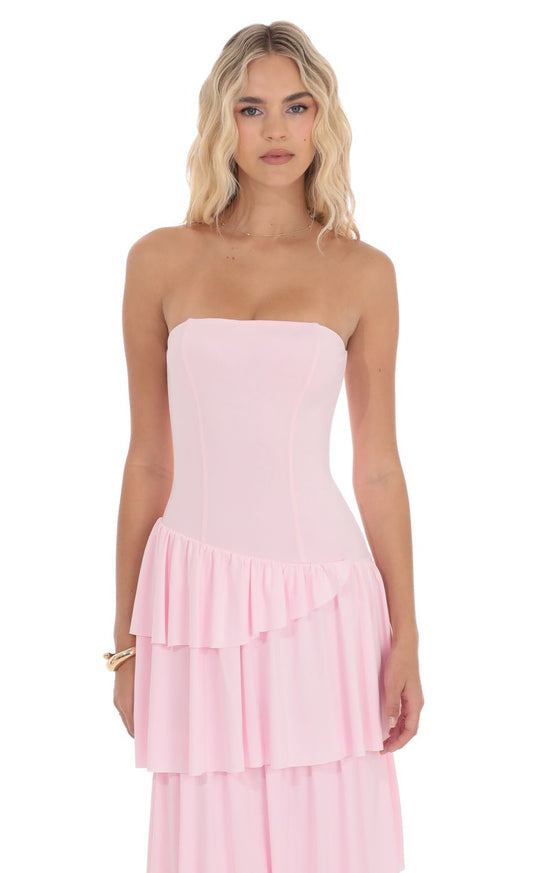 Lucy In The Sky Strapless Asymmetrical Ruffle Maxi Dress in Pink
