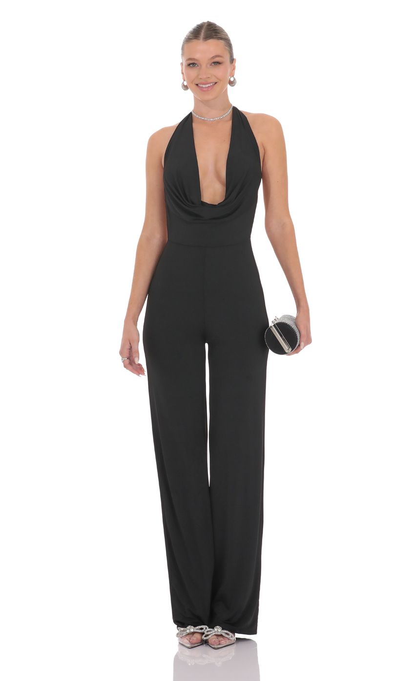 Lucy In The Sky Halter Plunge Neck Jumpsuit in Black