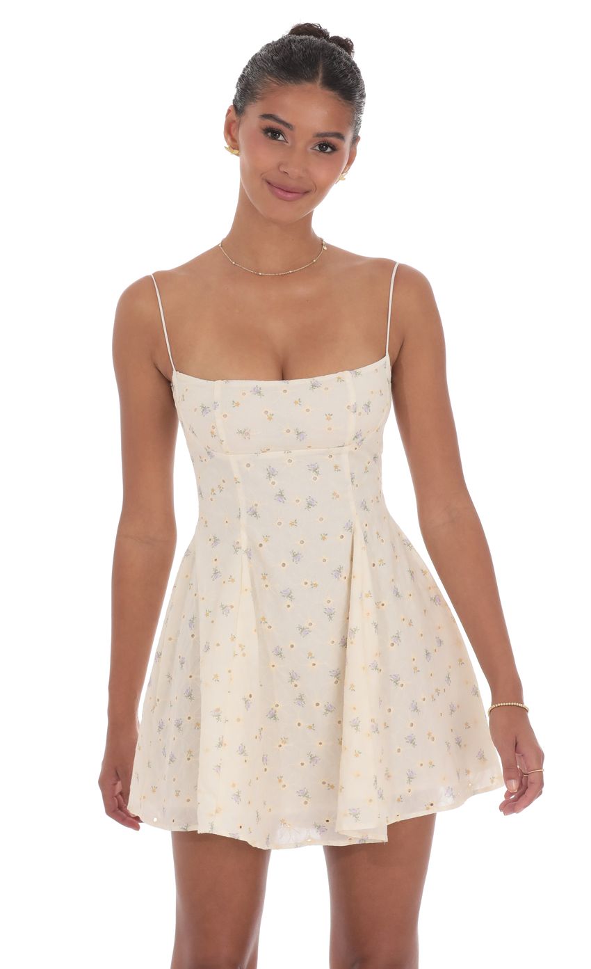 Lucy In The Sky Floral Eyelet Fit and Flare Dress in Cream