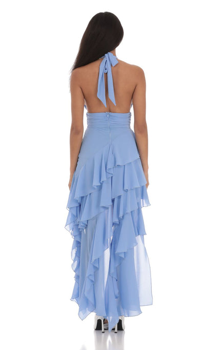 Lucy In The Sky Asymmetrical Ruffle Maxi Dress in Blue