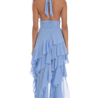 Lucy in the Sky Asymmetrical Ruffle Maxi Dress in Blue