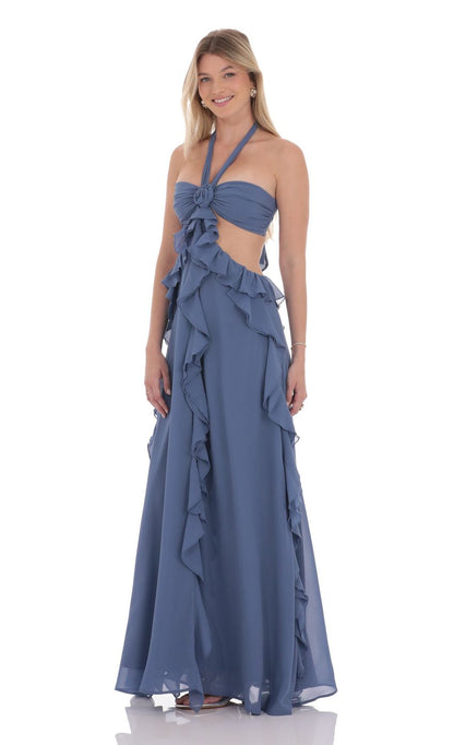 Lucy In The Sky Chiffon Cutout Ruffle Maxi Dress in Blue