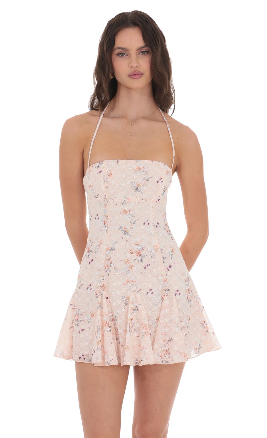 Lucy In The Sky Floral Eyelet Halter Flare Dress in Pastel Pink