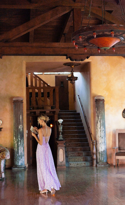 Lucy In The Sky Burnout Lace-Up Maxi Dress in Lavender