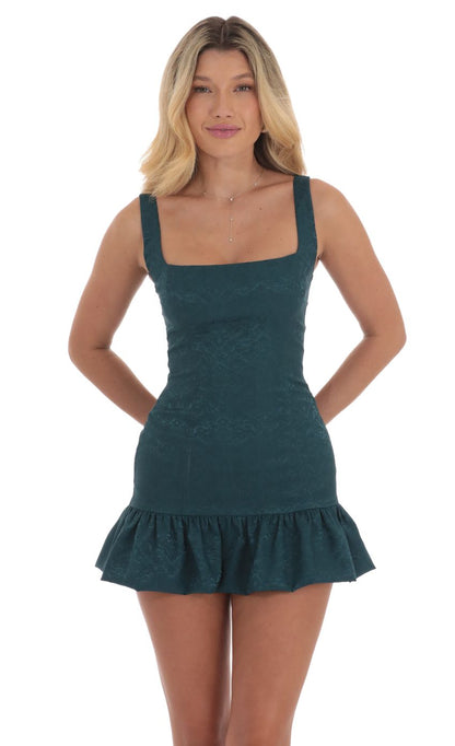 Lucy In The Sky Jacquard Bubble Ruffle Dress in Teal