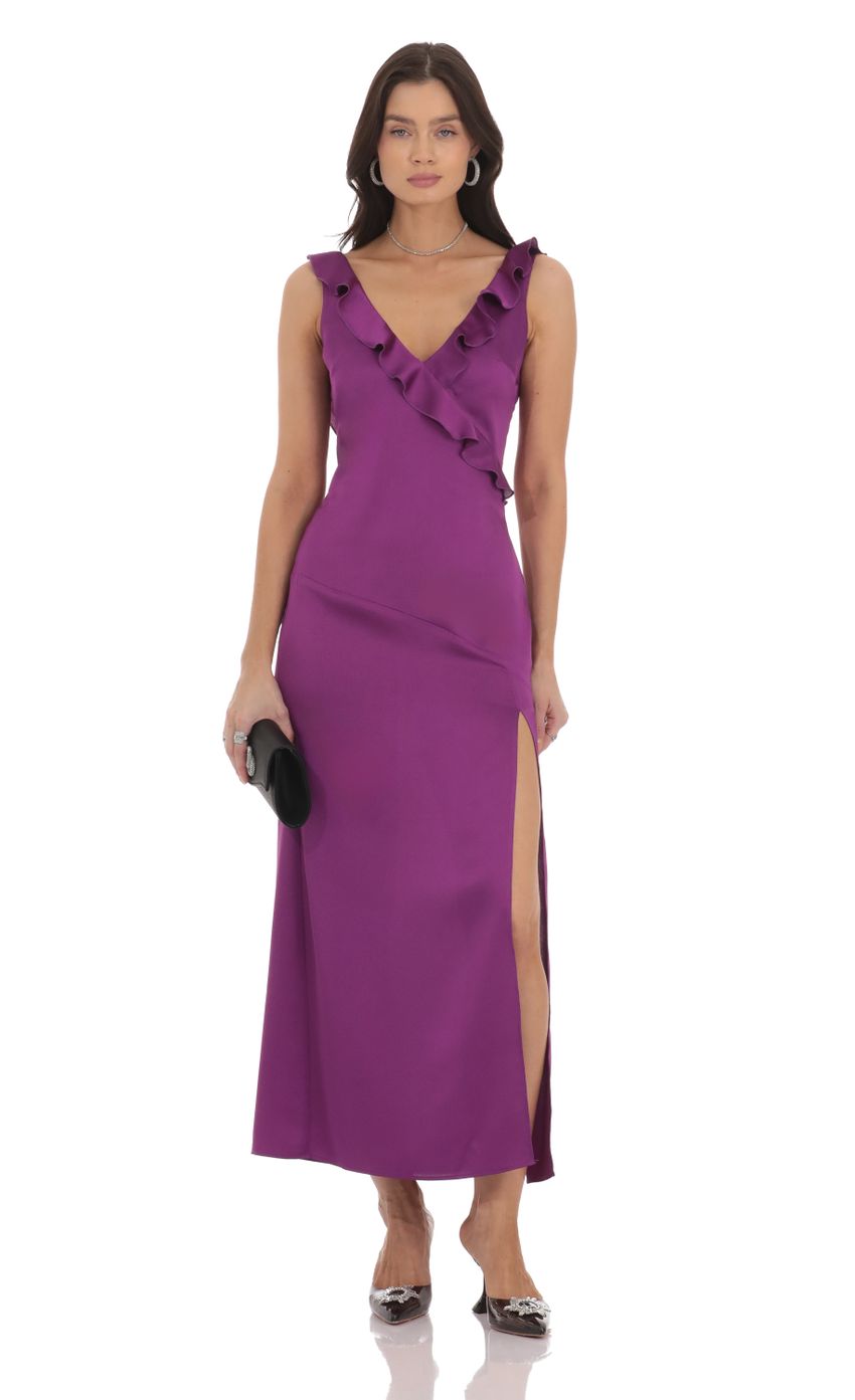 Lucy In The Sky Satin V-Neck Open Back Maxi Dress in Purple