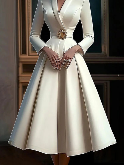 Ursime Elegant Wrap V Neck Long Sleeve Pleated Midi Dress