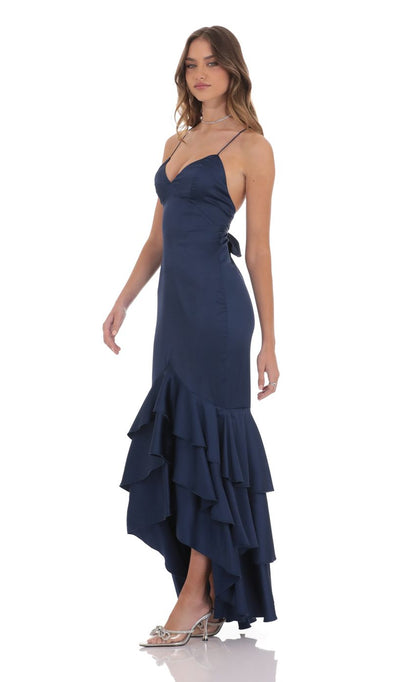 Lucy In The Sky Satin Ruffle Fishtail Maxi Dress in Navy