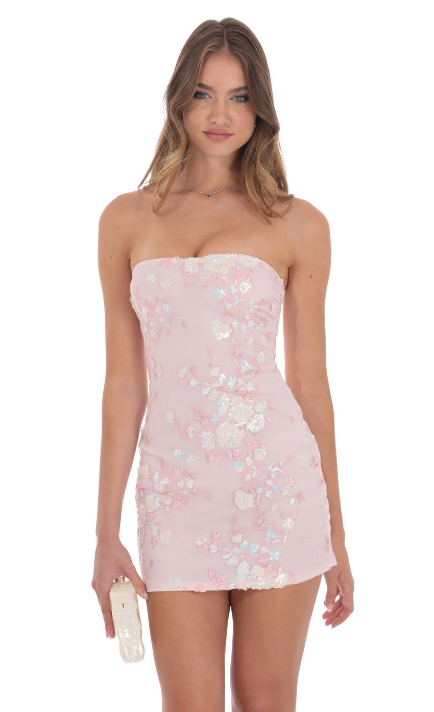 Lucy In The Sky Strapless Floral Sequin Bodycon Dress in Pink
