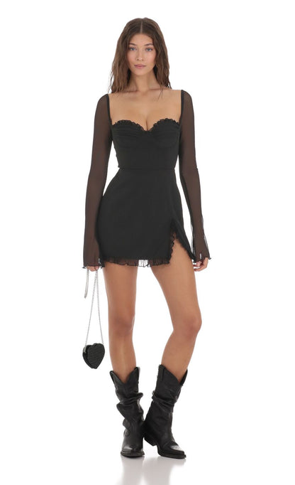 Lucy In The Sky Ruffle Long Sleeve Dress in Black