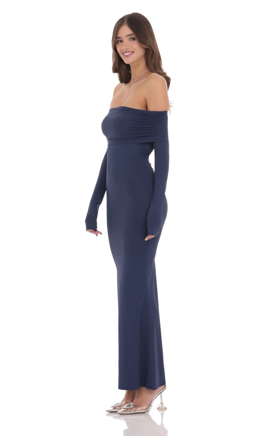 Lucy In The Sky Off Shoulder Open Back Maxi Dress in Navy