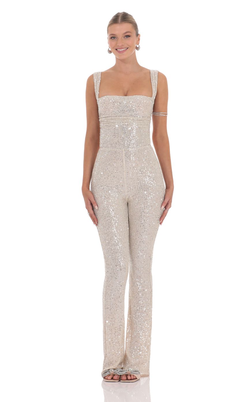 Lucy In The Sky Sequin Back Tie Jumpsuit in Champagne