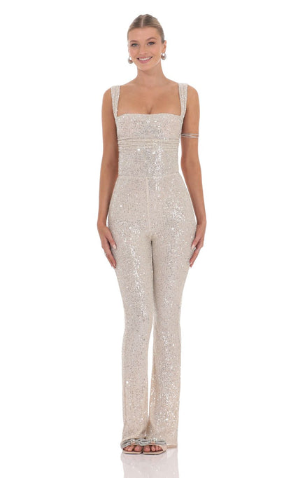Lucy In The Sky Sequin Back Tie Jumpsuit in Champagne