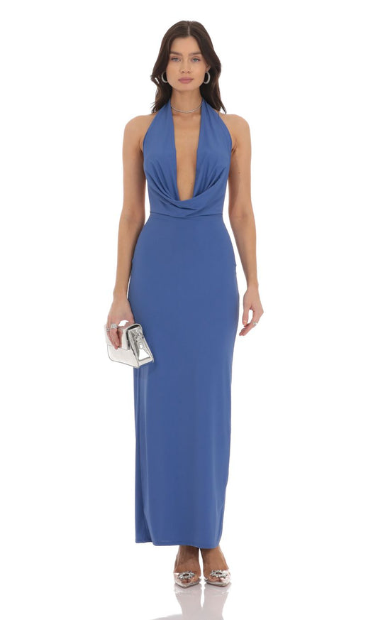 Lucy In The Sky Plunge Cowl Neck Halter Maxi Dress in Slate Blue