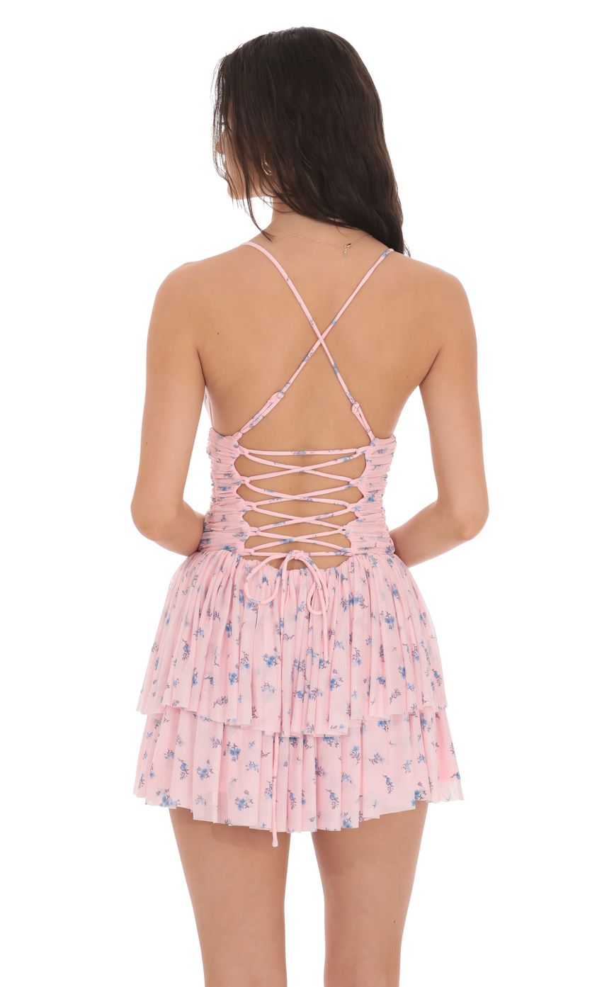 Lucy In The Sky Floral Mesh Tiered Dress in Pink