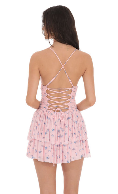 Lucy In The Sky Floral Mesh Tiered Dress in Pink