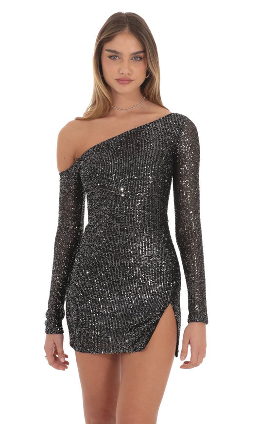 Lucy In The Sky Silver Sequin One Off Shoulder Bodycon Dress in Black
