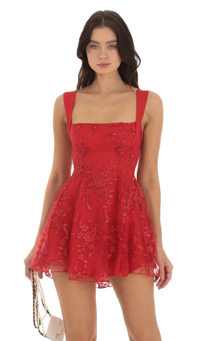 Lucy In The Sky Floral Fit and Flare Dress in Red