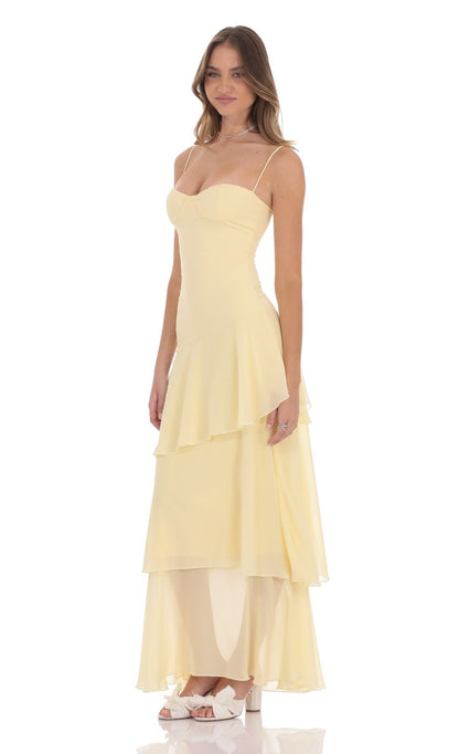 Lucy In The Sky Long Ruffle Maxi Dress in Yellow