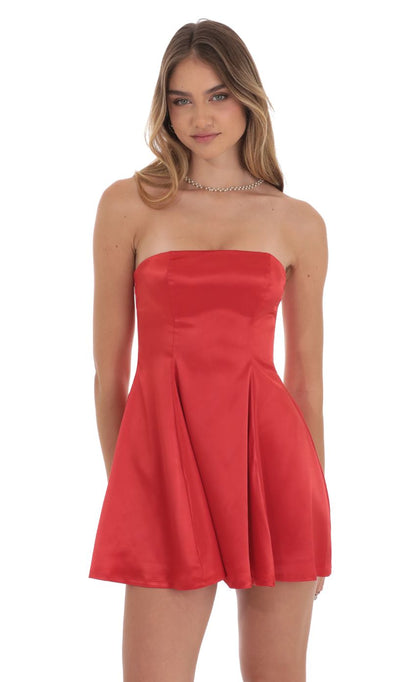 Lucy In The Sky Strapless Satin Fit and Flare Dress in Red