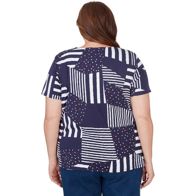 Alfred Dunner Women's Stars And Stripes Split Neck Tee