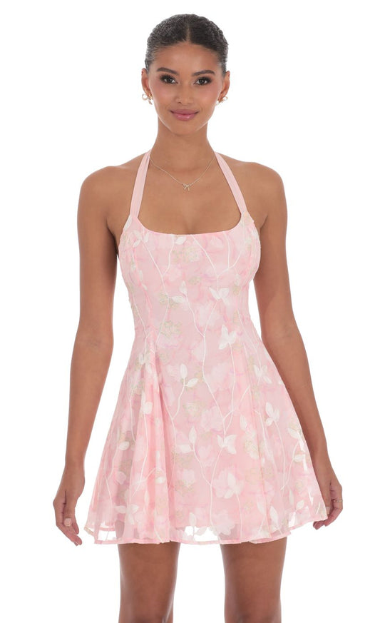 Lucy In The Sky Floral Halter Open Back Dress in Pink