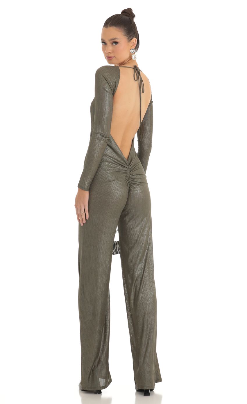 Lucy In The Sky Shimmer Open Back Long Sleeve Jumpsuit in Olive