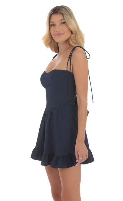 Lucy In The Sky Open Back Ruffle Dress in Navy