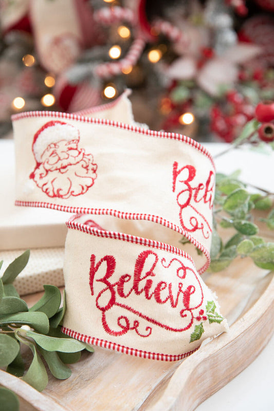 Decorator's Warehouse 4" x 5 Yard Embroidered Santa Face/Believe Ribbon
